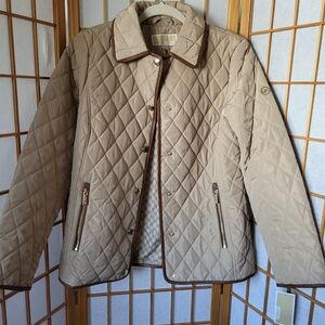 NWT WOMENS MICHAEL KORS QUILTED KHAKI BUTTONS/ POCKETS LEATHER TRIM JACKET LARGE